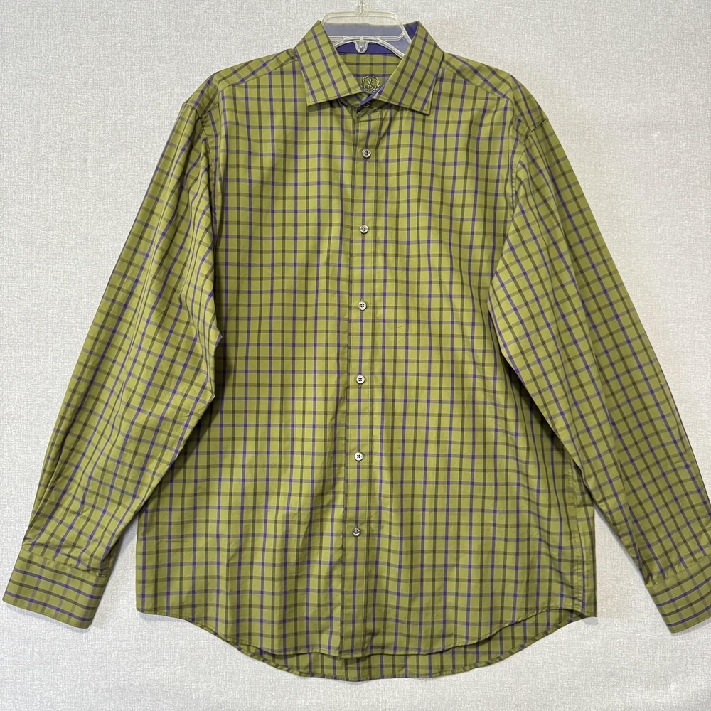 Bugatchi Shirt Mens Large Green Purple Check Classic Fit Cotton‎ Dress Button Up